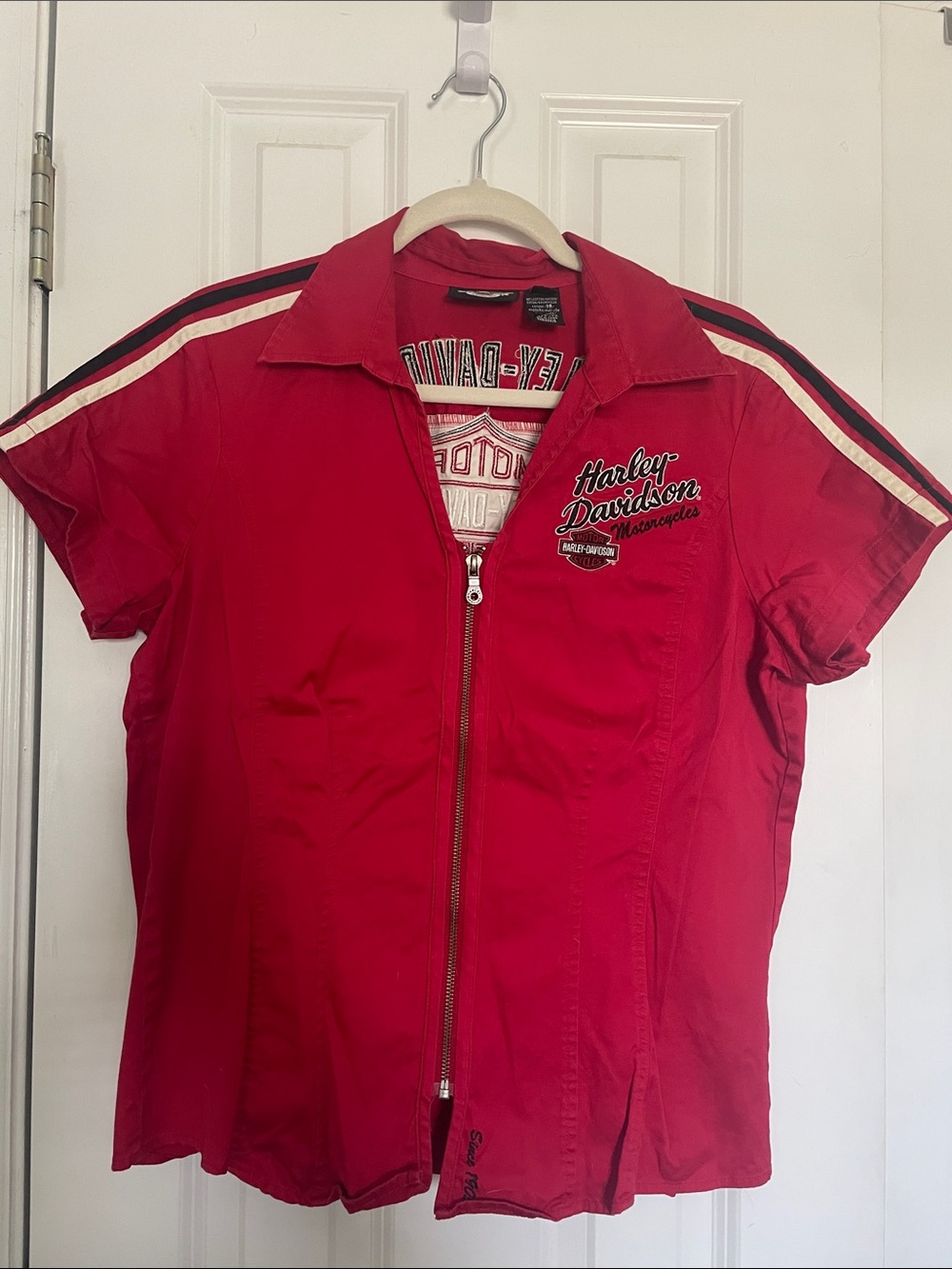 Women's cut Harley-Davidson Red Shirt with Black & White Shoulder Stripes